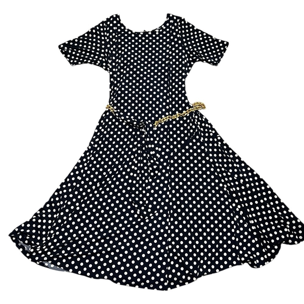 Lennie for Nina Leonard Navy White Polka Dot Dress Accent Gold Chain Belt 1X